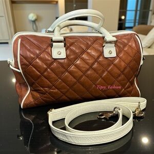 Tory Burch Robinson Middy Quilted Satchel Bowling Bag Brown Cream